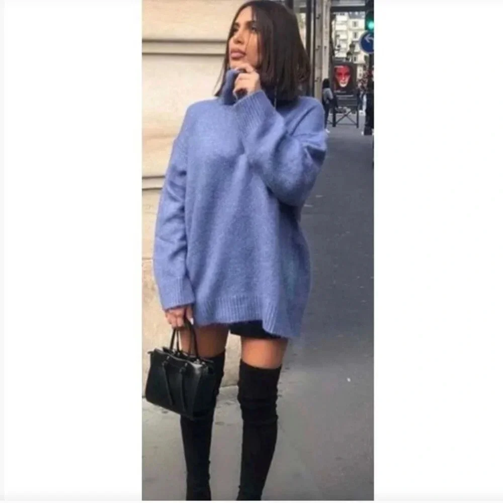 Zara Oversized Knit Turtleneck Sweater Jumper Dusty Blue Size Medium - Picture 1 of 8